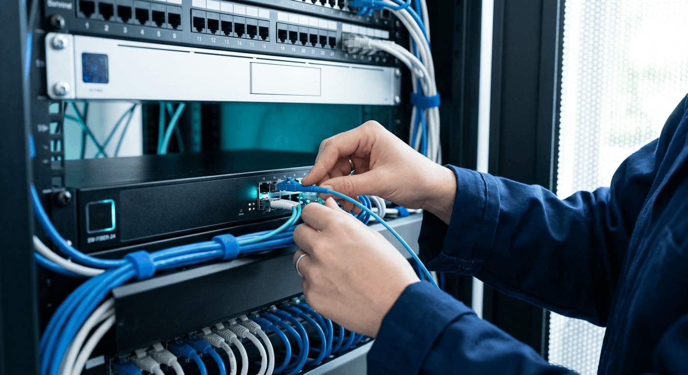 Technicien raccordant des câbles fibre optique sur un commutateur réseau d’entreprise